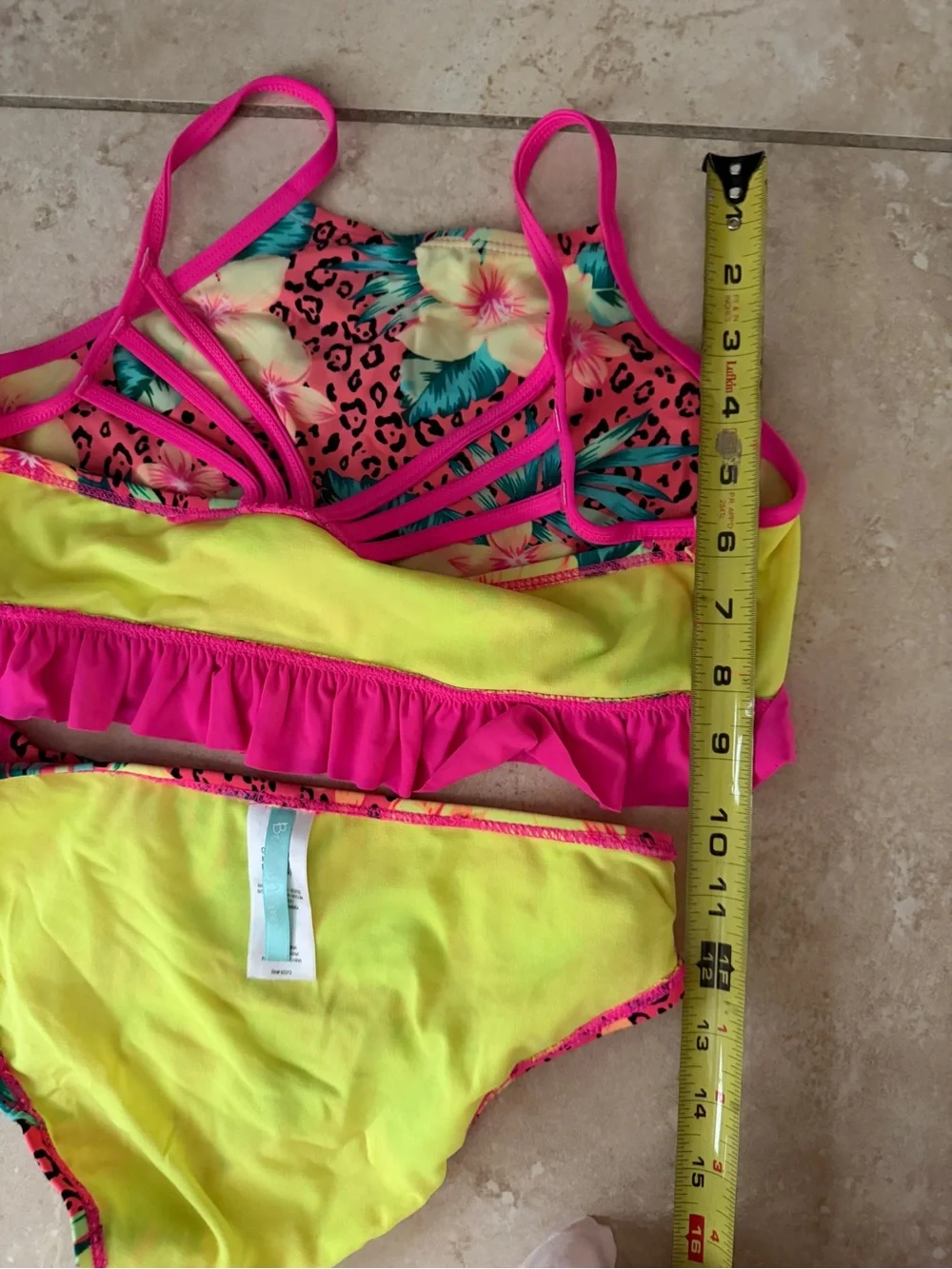 Girls' Neon Pink Tropical Ruffle Bikini Set
